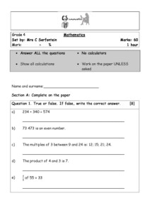 Grade 4 Mathematics Test Term 2 Memo Included Teacha