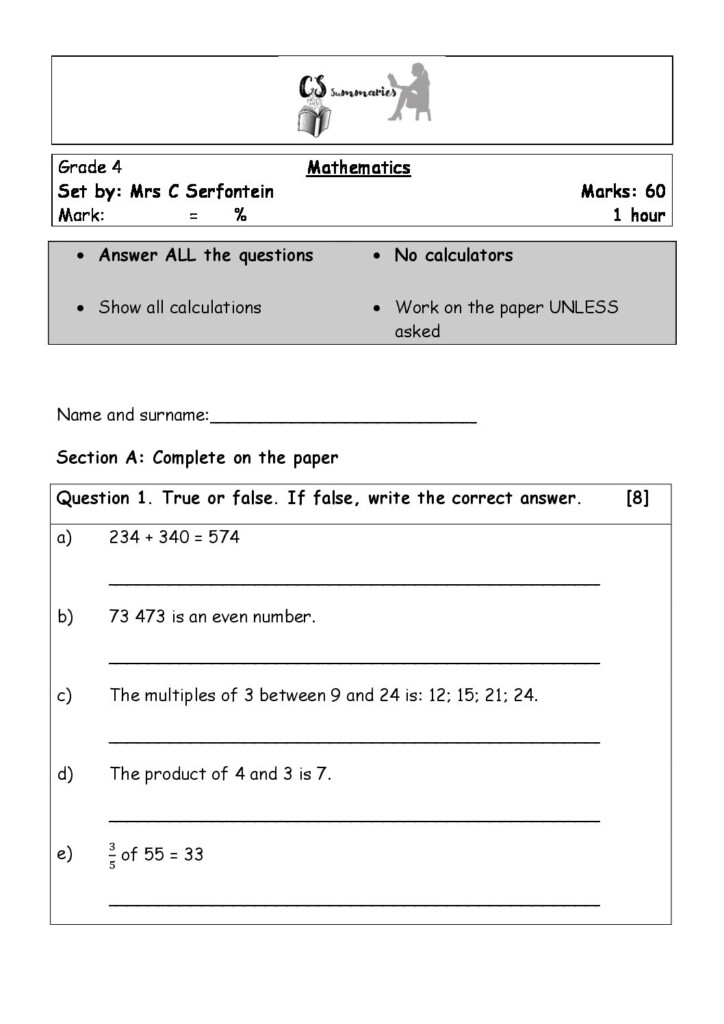 Grade 4 Mathematics Test Term 2 Memo Included Teacha 