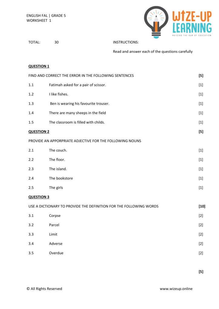 Grade 5 English FAL Term 3 Language Worksheet 1 Teacha 