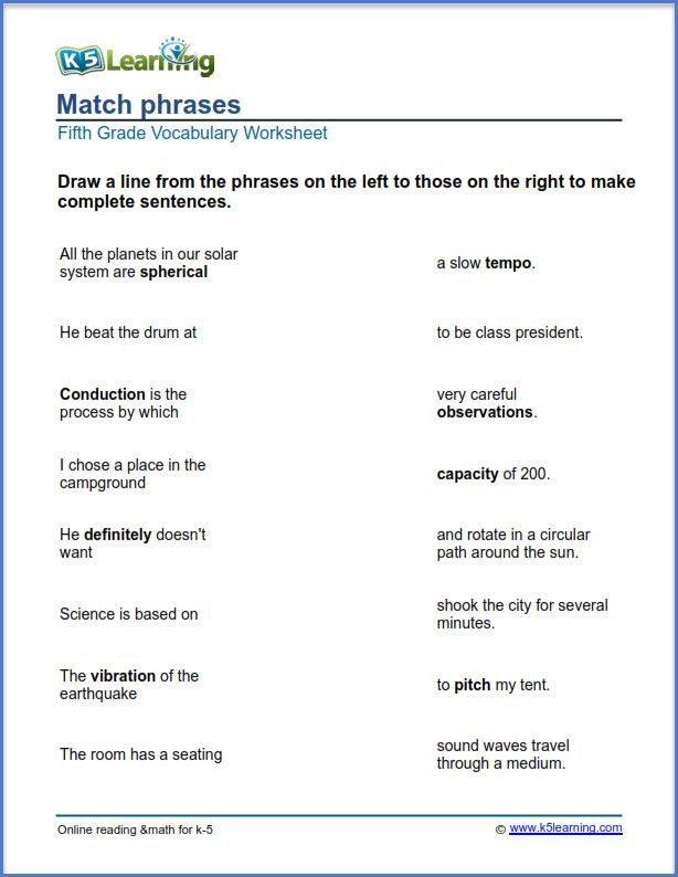 Grade 5 English Worksheets Match Phrases K5 Learning Vocabulary 
