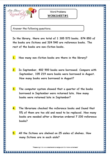 Grade 5 Maths Resources Word Problems Printable Worksheets Lets 