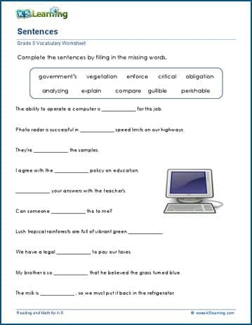 Grade 5 Vocabulary Worksheets Printable And Organized By Subject K5 