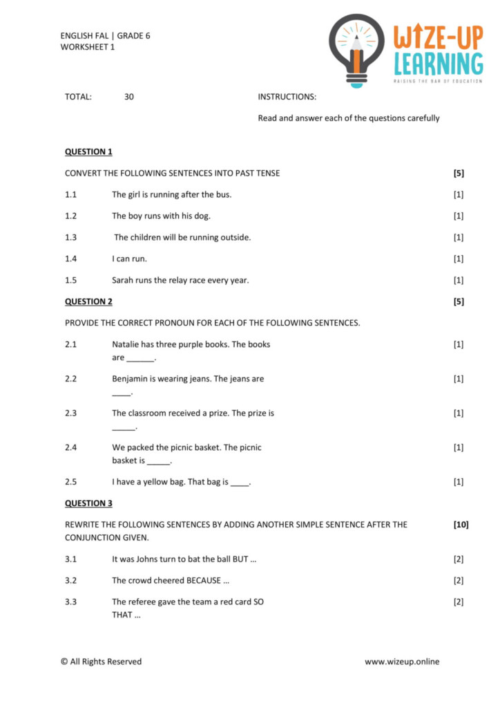 Grade 6 English FAL Term 3 Language Worksheet 1 Teacha 