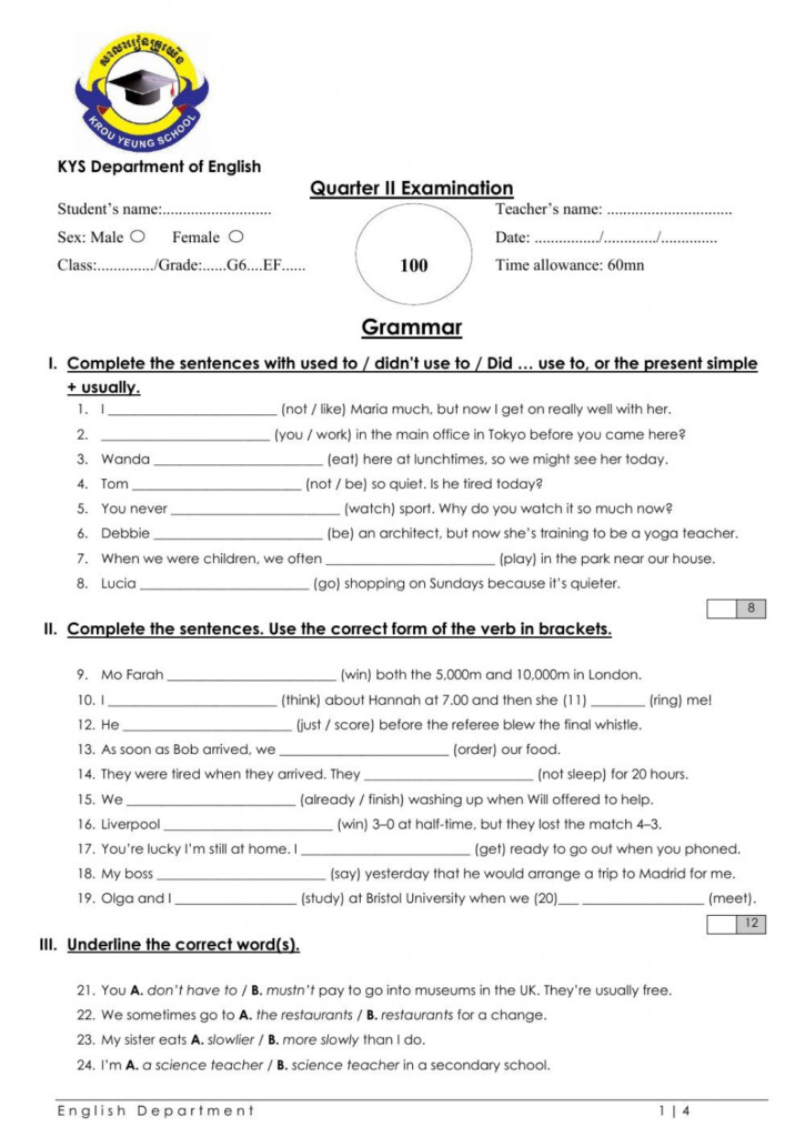 Grade 6 English File Grammar Test Worksheet Grammar Worksheets 
