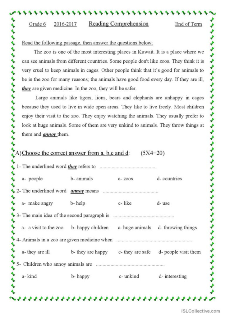 Grade Six Reading Comprehension Pdf