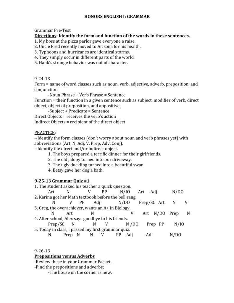 HONORS ENGLISH I GRAMMAR Grammar Pre