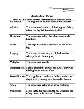 Identifying Literary Devices Worksheet