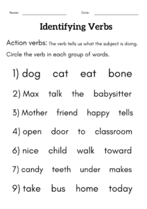 Identifying Verbs Worksheet For Grade 1 2 Identify Action Verbs
