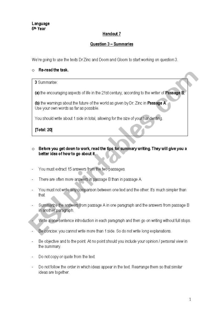 IGCSE Summary Writing question 3 ESL Worksheet By Caro amoroso