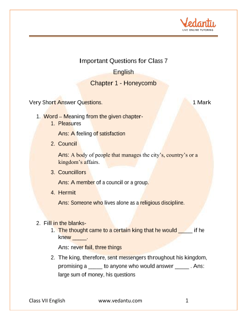 Important Questions For CBSE Class 7 English Honeycomb Chapter 1 