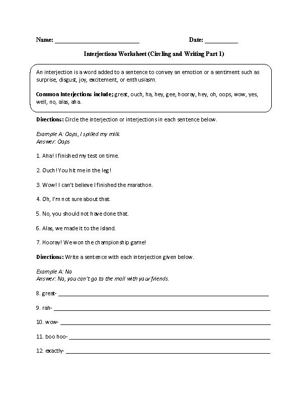 Interjections Worksheet For Class 6