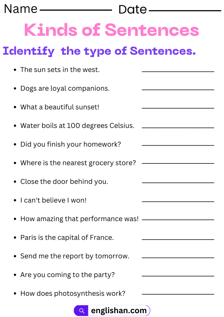 Kinds Of Sentences Worksheets And Exercises With Answers