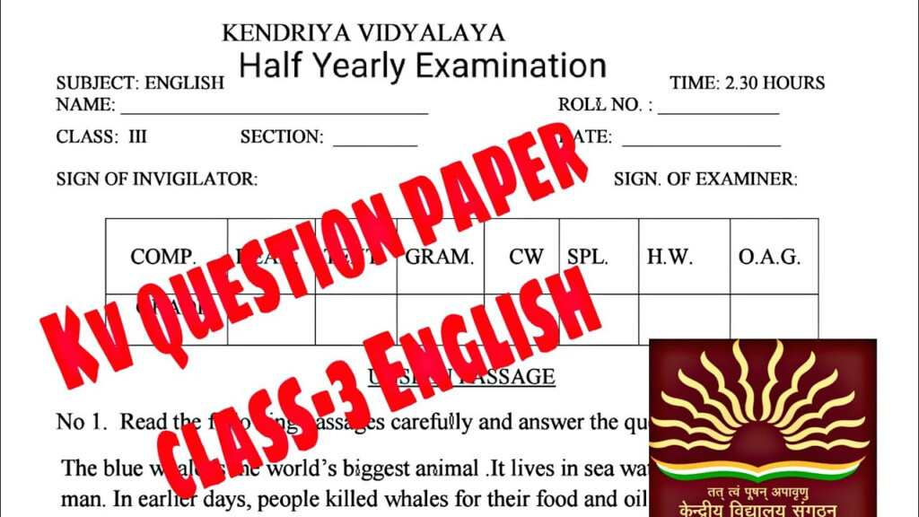 KV Question Paper Class 3 English Half Yearly Exam Paper Of 