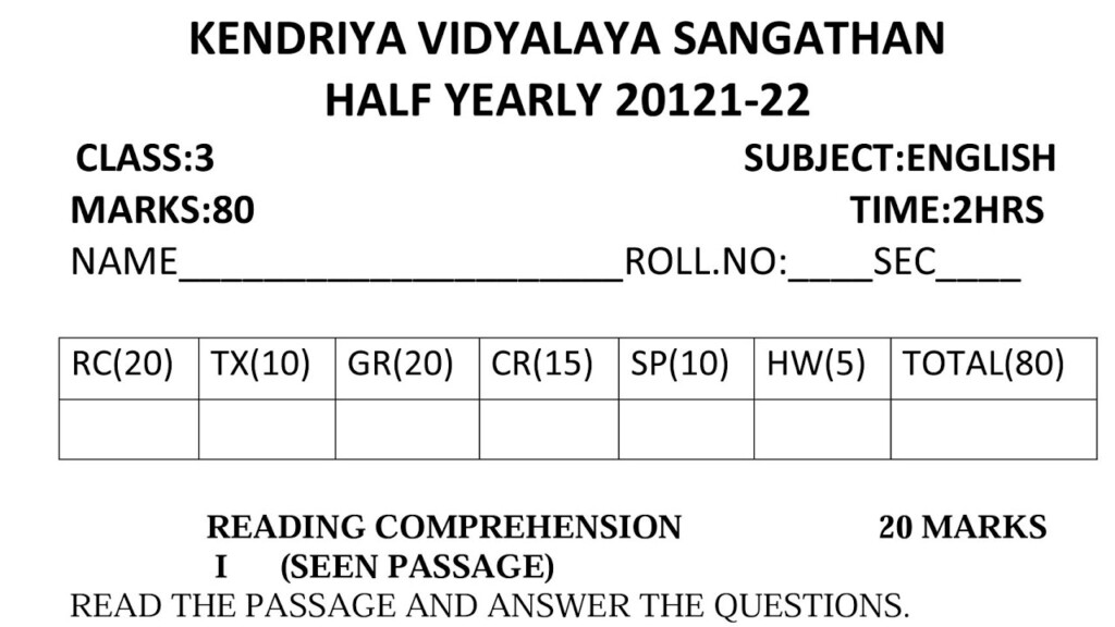 KVS Class 3 English Half Yearly Exam Sample Question Paper For 