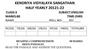 KVS Class 3 English Half Yearly Exam Sample Question Paper For