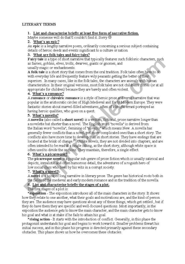 Literary Terms ESL Worksheet By Stefani