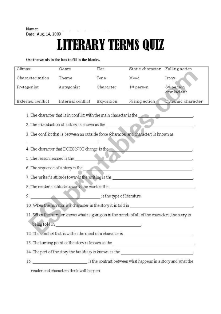 Literary Terms Quiz ESL Worksheet By Jemelleh