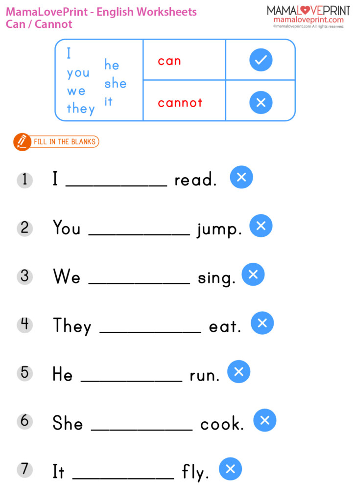 MamaLovePrint Grade 1 English Worksheets Basic Grammar Can 