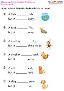 MamaLovePrint Grade 1 English Worksheets Basic Grammar Can Cannot