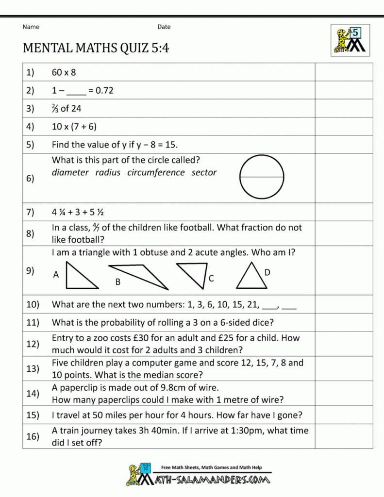 Mental Maths Practise Year 5 Worksheets