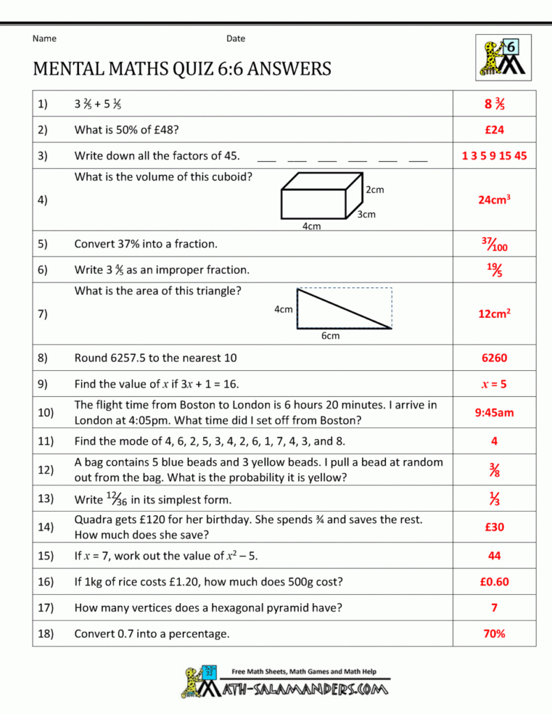 Mental Maths Tests Year 6 Worksheets