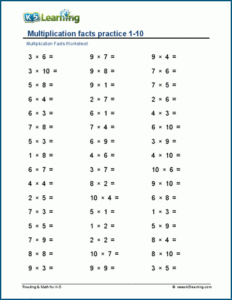 Multiplication Facts 1 10 horizontal Worksheets K5 Learning