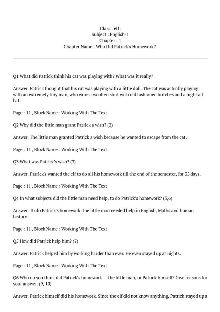 NCERT Solutions Class 6 English HoneySuckle Chapter 1 Who Did Patrick s 