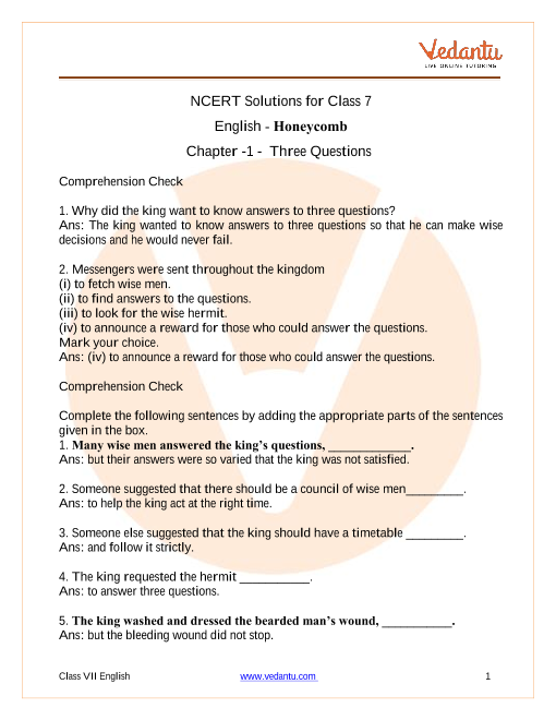 NCERT Solutions For Class 7 English Honeycomb Chapter 1 Three Questions