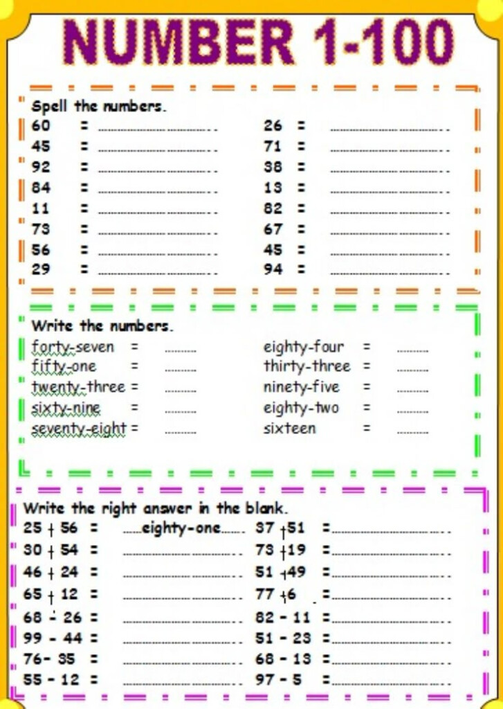Numbers 1 To 100 Work Sheet