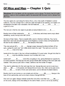 Of Mice And Men CHAPTER 1 QUIZ John Steinbeck Teaching Resources