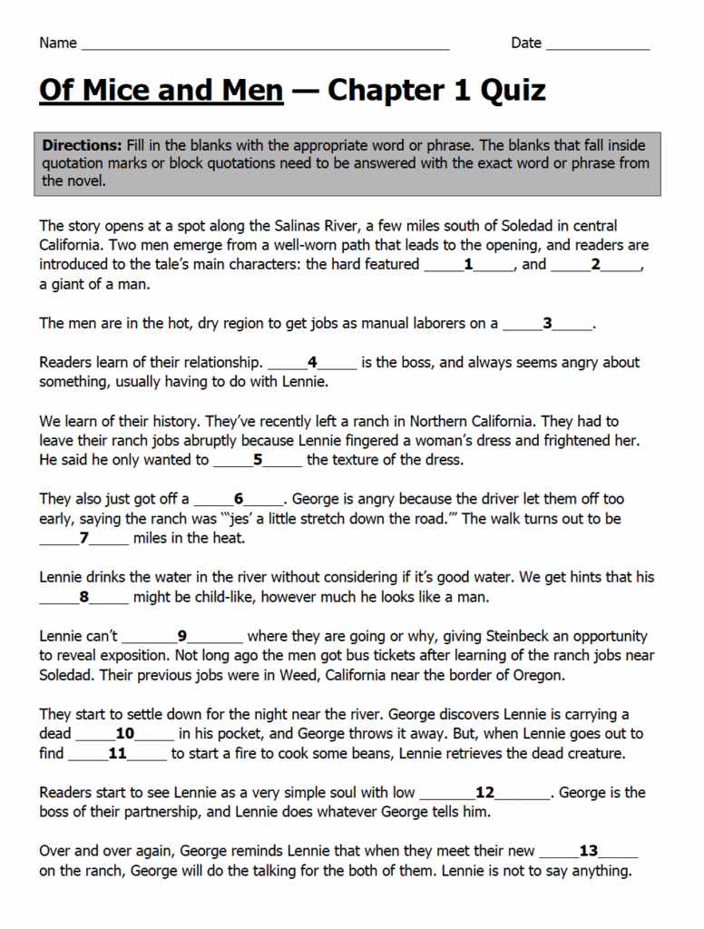 Of Mice And Men CHAPTER 1 QUIZ John Steinbeck Teaching Resources