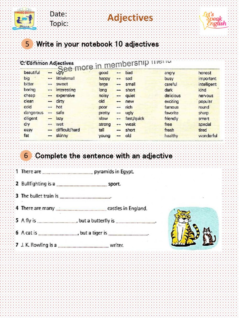 Order Of Adjectives Worksheet Grade 5 Adjectiveworksheets