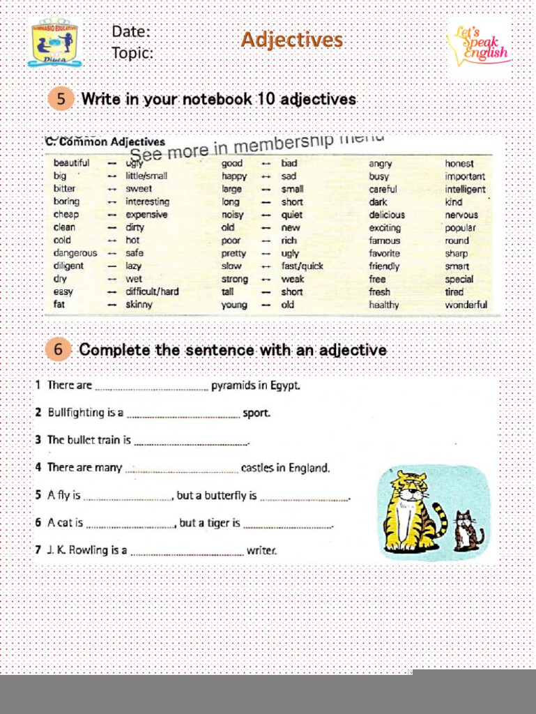 Order Of Adjectives Worksheet Grade 5 Adjectiveworksheets