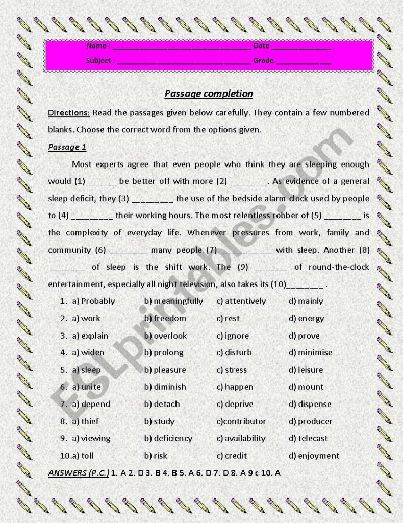 Passage Completion ESL Worksheet By Rttrr