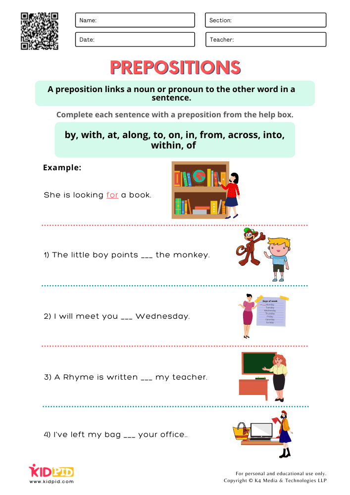 Preposition Worksheet 1st Grade