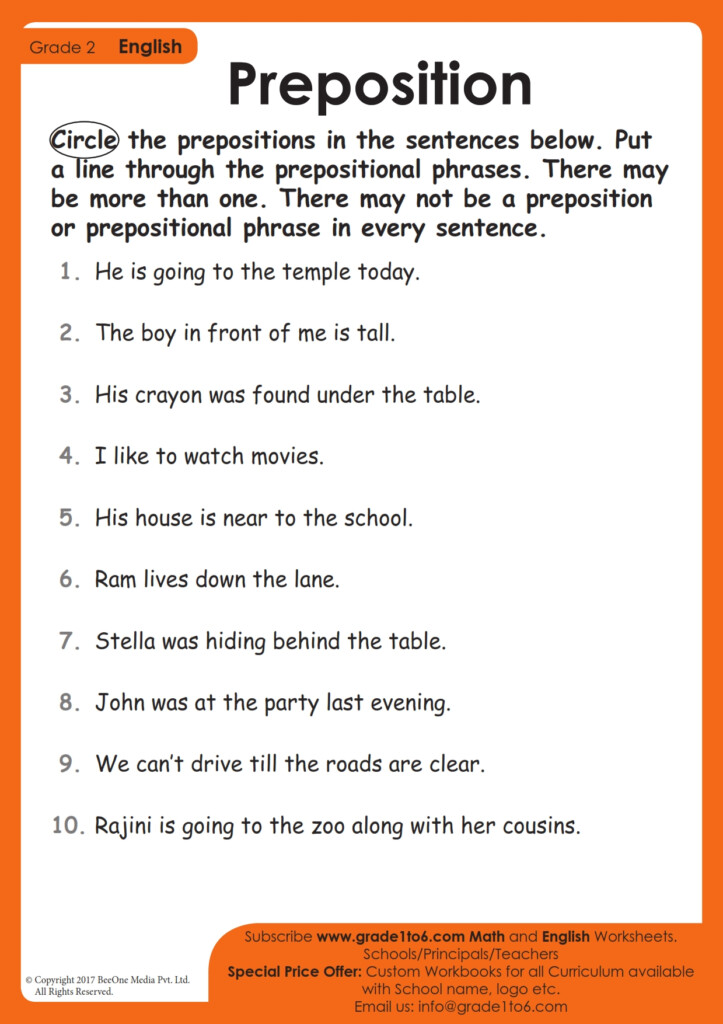 Preposition Worksheets For CBSE NCERT Class 2