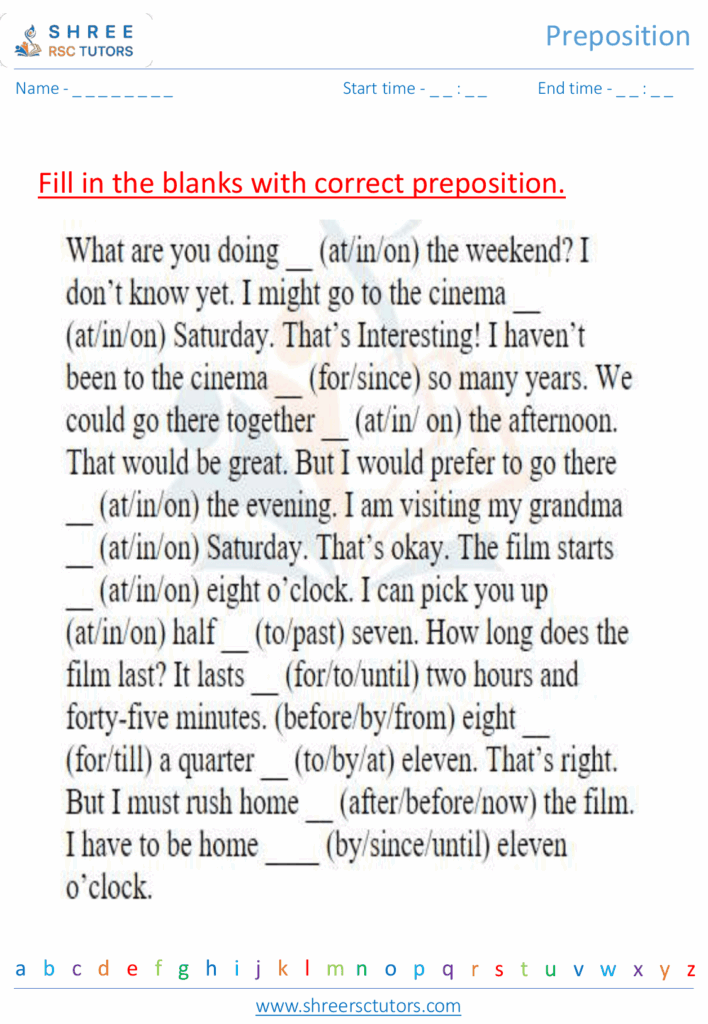 Preposition Worksheets For Grade 4 English Shree Rsc Tutors