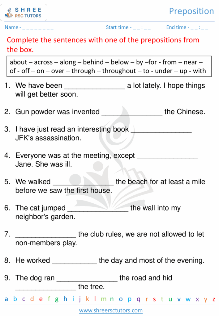 Preposition Worksheets For Grade 5 English Shree Rsc Tutors