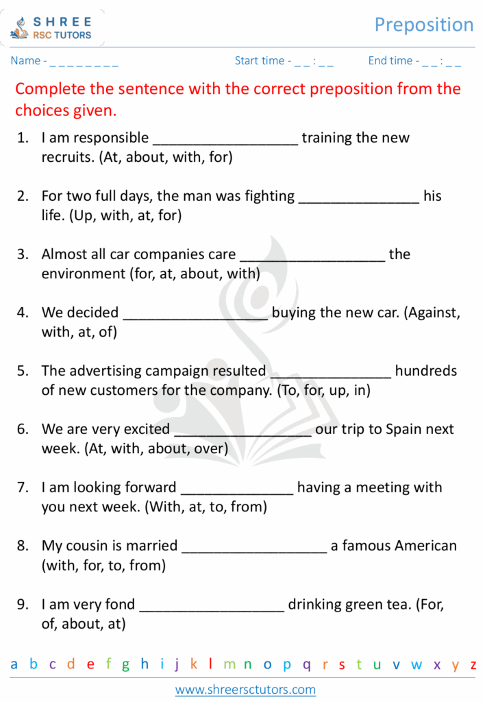 Preposition Worksheets For Grade 5 English Shree Rsc Tutors