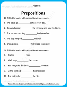 Prepositions Worksheet With The Words Prepositions