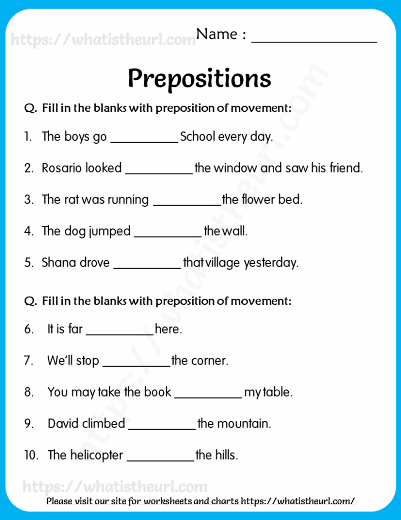 Prepositions Worksheet With The Words Prepositions