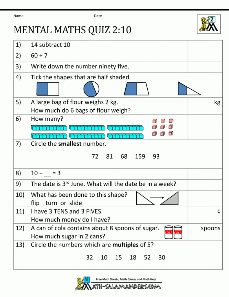 Printable Mental Maths Year 2 Worksheets