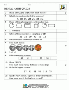 Printable Mental Maths Year 2 Worksheets
