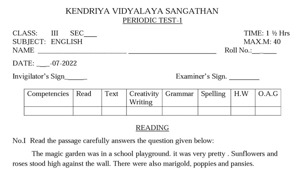 PT 1 Paper Class 3 ENGLISH For Kendriya Vidyalaya Students KVS 