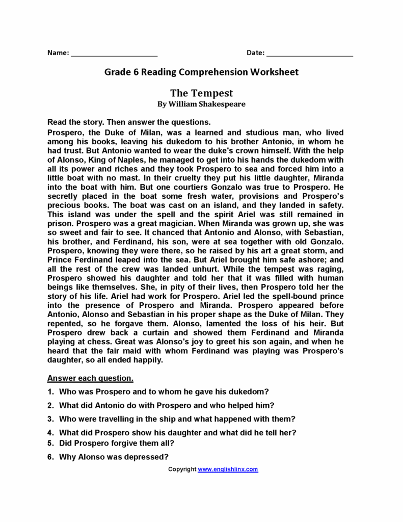 Reading Comprehension Passages Grade 6 Pdf Thaimacom Comprehension 
