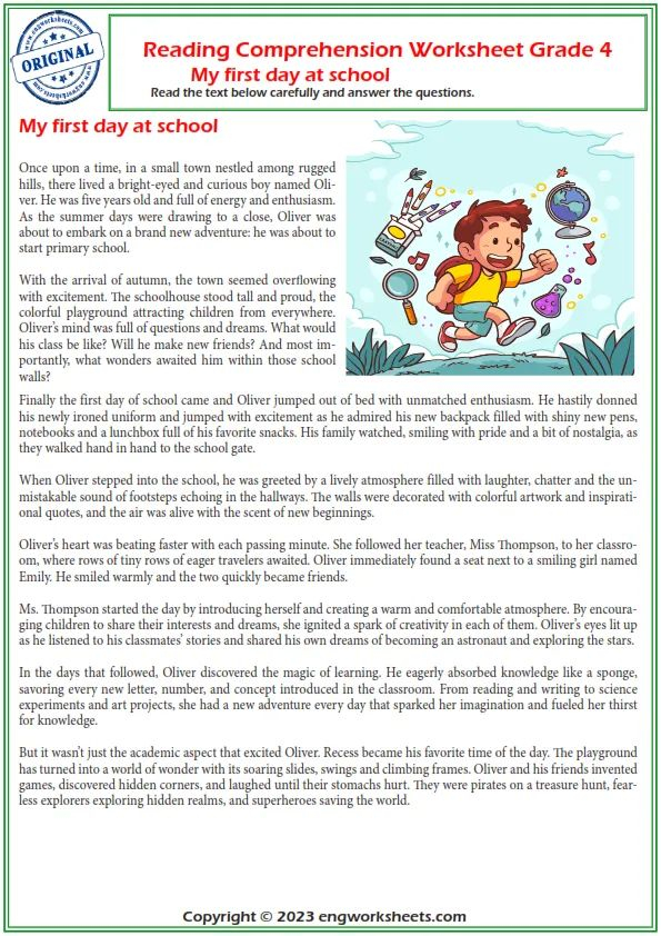 Reading Comprehension Worksheet Grade 4 First Day At School