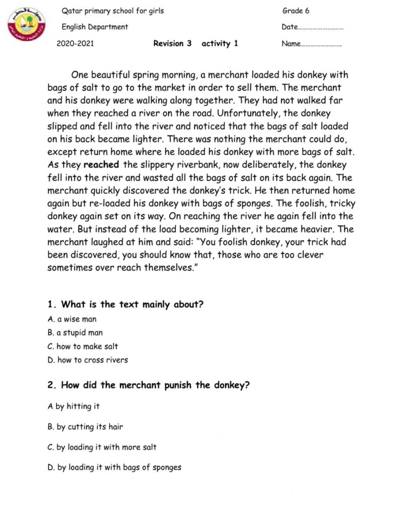 Reading Comprehension Worksheets Grade 6 Reading Worksheet Printable