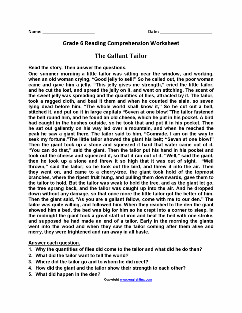 Reading Worksheets Sixth Grade Reading Worksheets