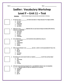 Sadlier Vocabulary Level F Unit 11 Test W Answer Key By Morris Smeader