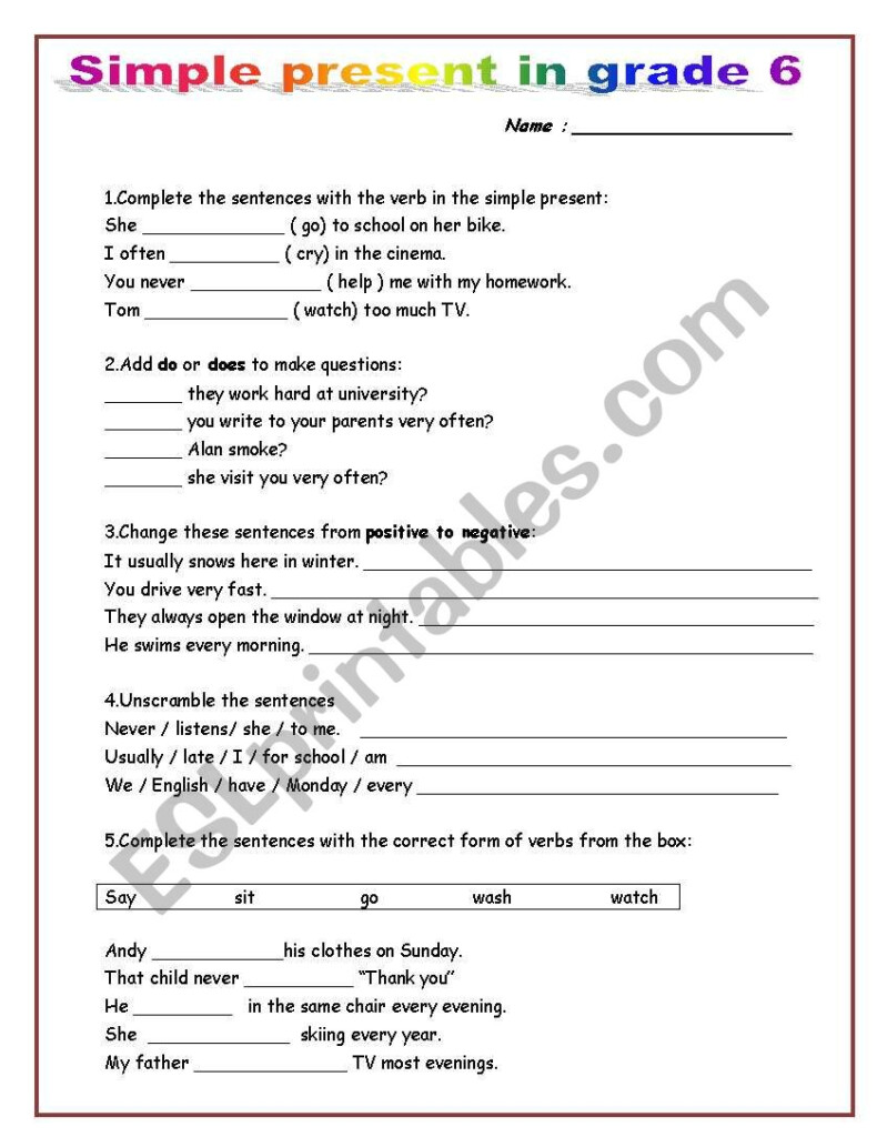 Simple Present In Grade 6 ESL Worksheet By Mako5